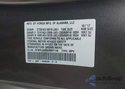 2018 Honda Odyssey Touring из США, поврежденный, VIN 5FNRL6H89JB057148